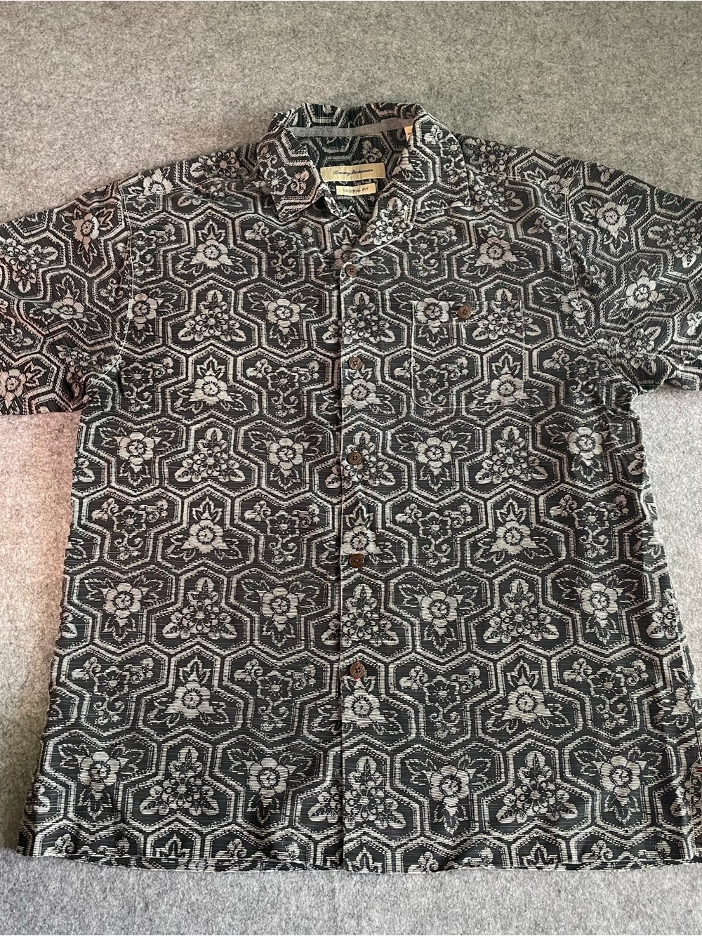 Tommy Bahama Black and White Geometric Floral Camp Shirt